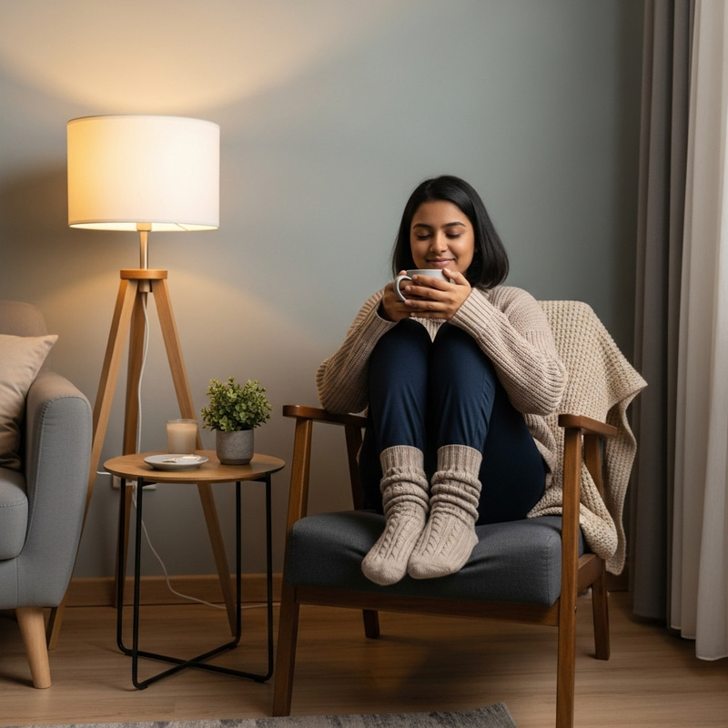 Girl in Knitted Socks and Sweater at Home Girl in Knitted Socks and Sweater at Home