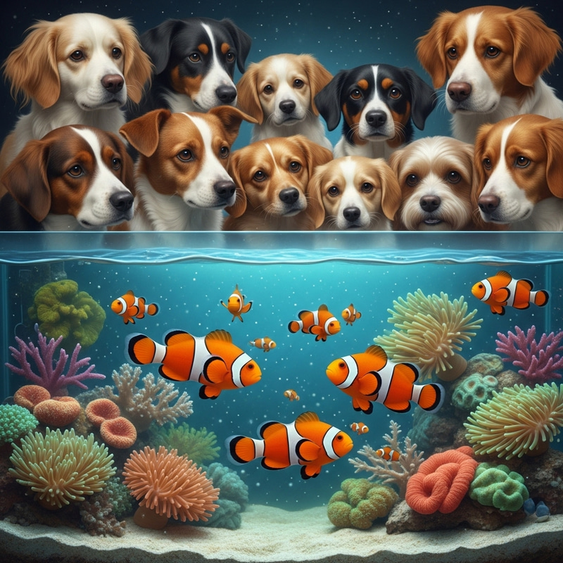 Playful Dogs and Clownfish in Vibrant Aquarium Scene Playful Dogs and Clownfish in Vibrant Aquarium Scene