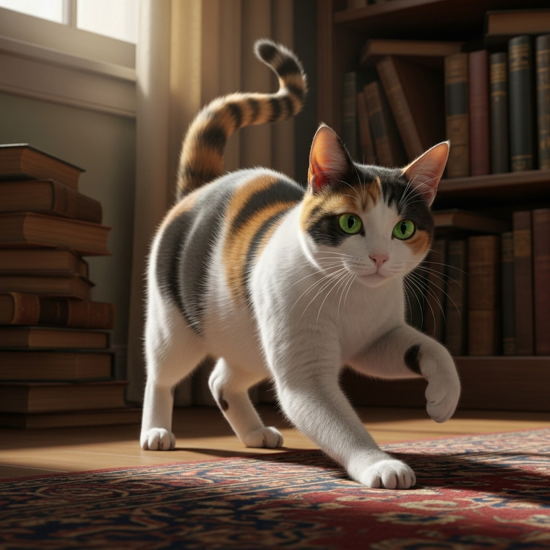 Calico Domestic Cat Pouncing Gracefully Calico Domestic Cat Pouncing Gracefully