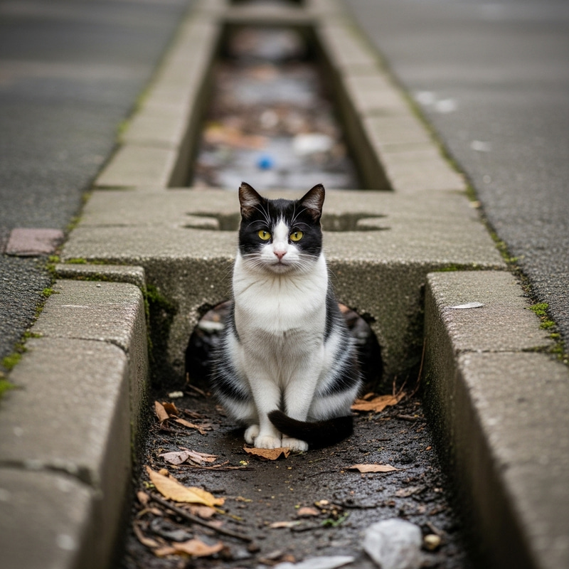 Tuxedo Cat in Gutter - Urban Elegance Tuxedo Cat in Gutter - Urban Elegance