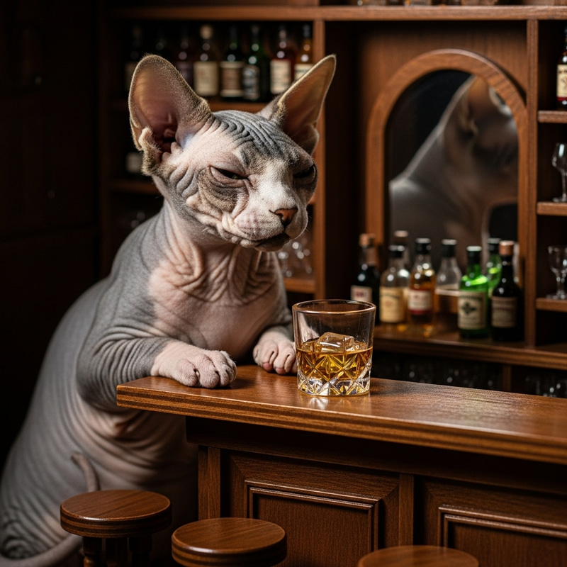 Bald Cat Enjoying a Drink