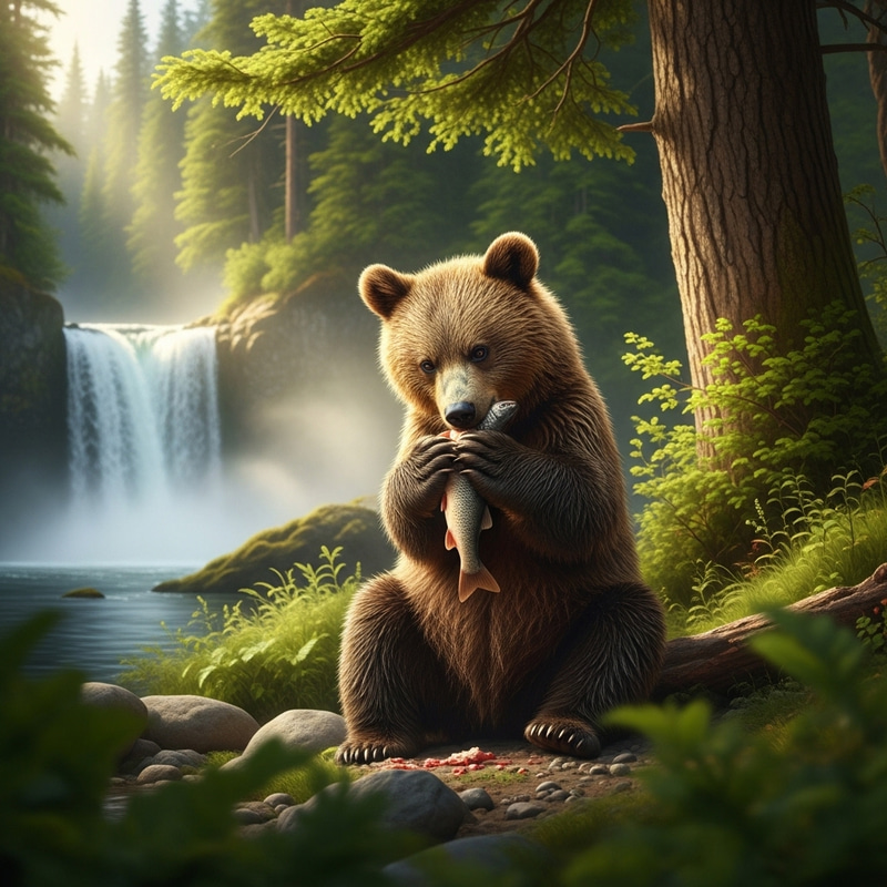 Bear Eating Cat Surrounded by Wildlife