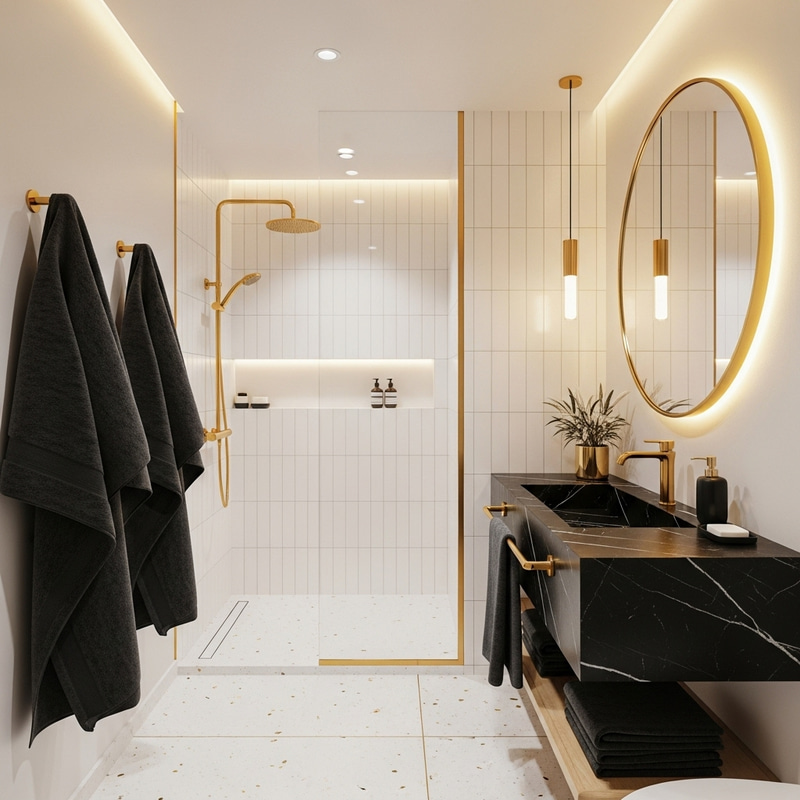 Elegant Black, Gold & White Bathroom Design Elegant Black, Gold & White Bathroom Design