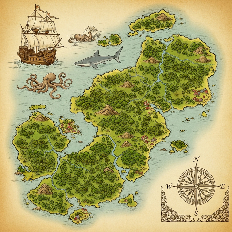 Hand-Drawn Vintage-Style Map of Sanson Archipelago Hand-Drawn Vintage-Style Map of Sanson Archipelago
