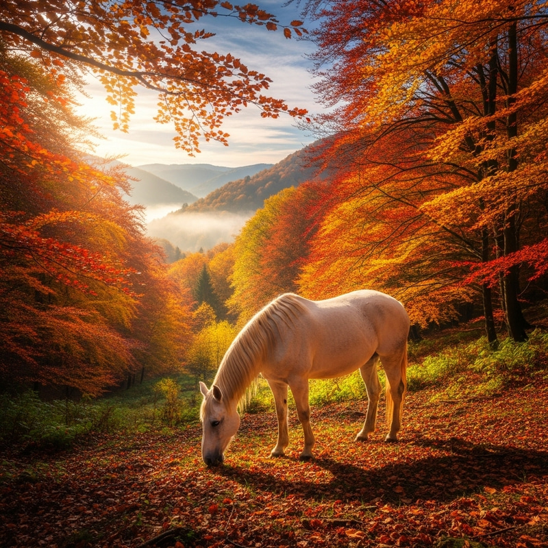 White Horse in Autumn Valley | Tranquil Scenery White Horse in Autumn Valley | Tranquil Scenery