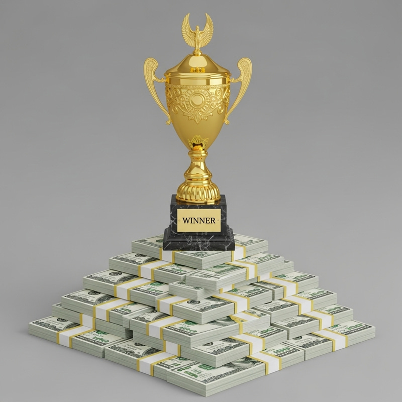 Golden Trophy on Money Piles
