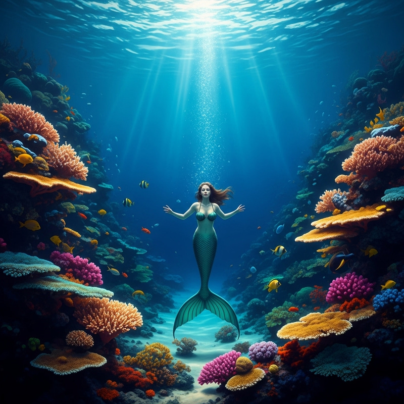 Surreal Underwater Mermaid Scene with Vibrant Coral Reefs Surreal Underwater Mermaid Scene with Vibrant Coral Reefs