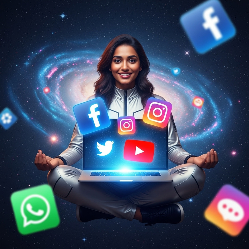 Futuristic Social Media Scene with Happy Woman on Laptop Futuristic Social Media Scene with Happy Woman on Laptop