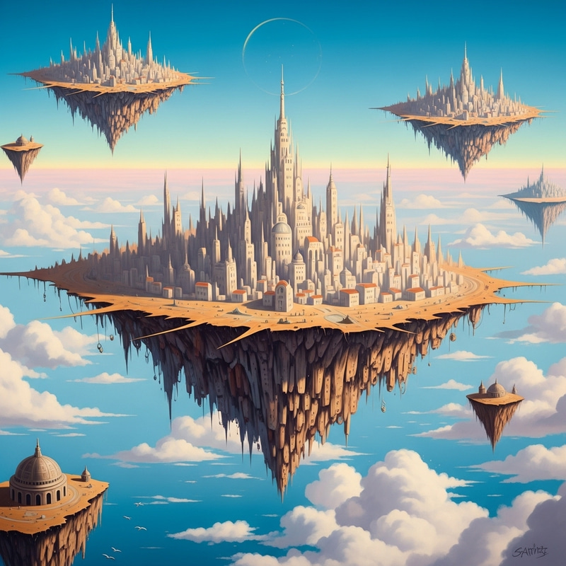 Vibrant Floating City in Sky: Dali-Inspired Dreamscapes