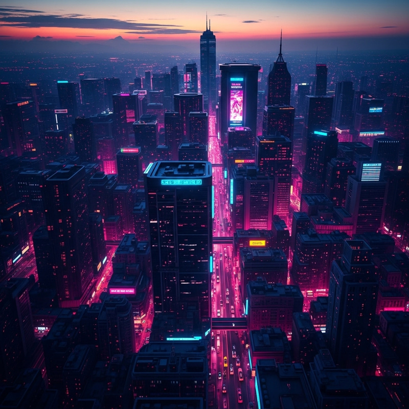 Vibrant Neon Cityscape at Dusk: Energetic Cyberpunk Urban View