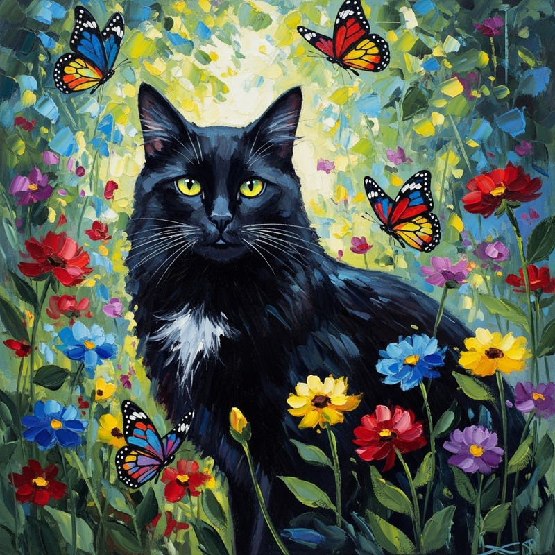Majestic Black Cat with Yellow Eyes in Vibrant Garden Majestic Black Cat with Yellow Eyes in Vibrant Garden