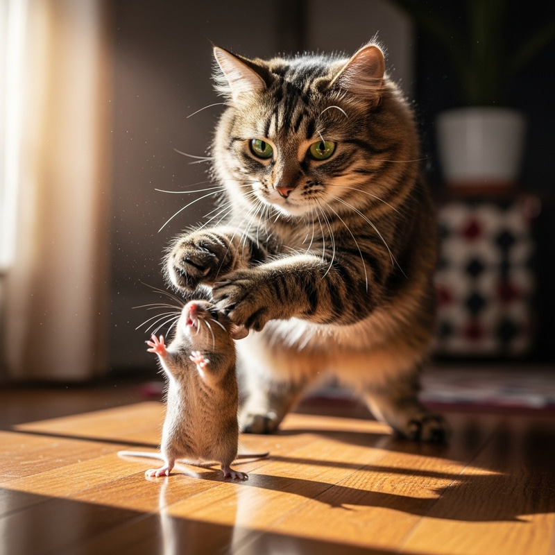 Cat Playfully Attacking a Mouse - Adorable Pet Moment Cat Playfully Attacking a Mouse - Adorable Pet Moment