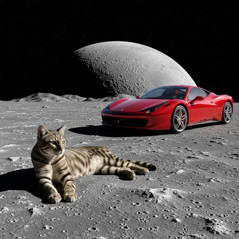 Cat on Moon with Ferrari Car | Lunar Feline and Fast Vehicle Cat on Moon with Ferrari Car | Lunar Feline and Fast Vehicle