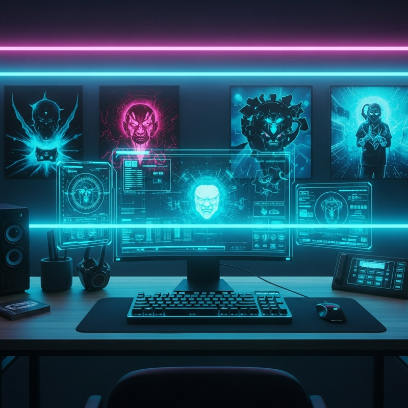 Intense Cyberpunk Office Vibes: Holographic Screens & Mechanical Keyboards