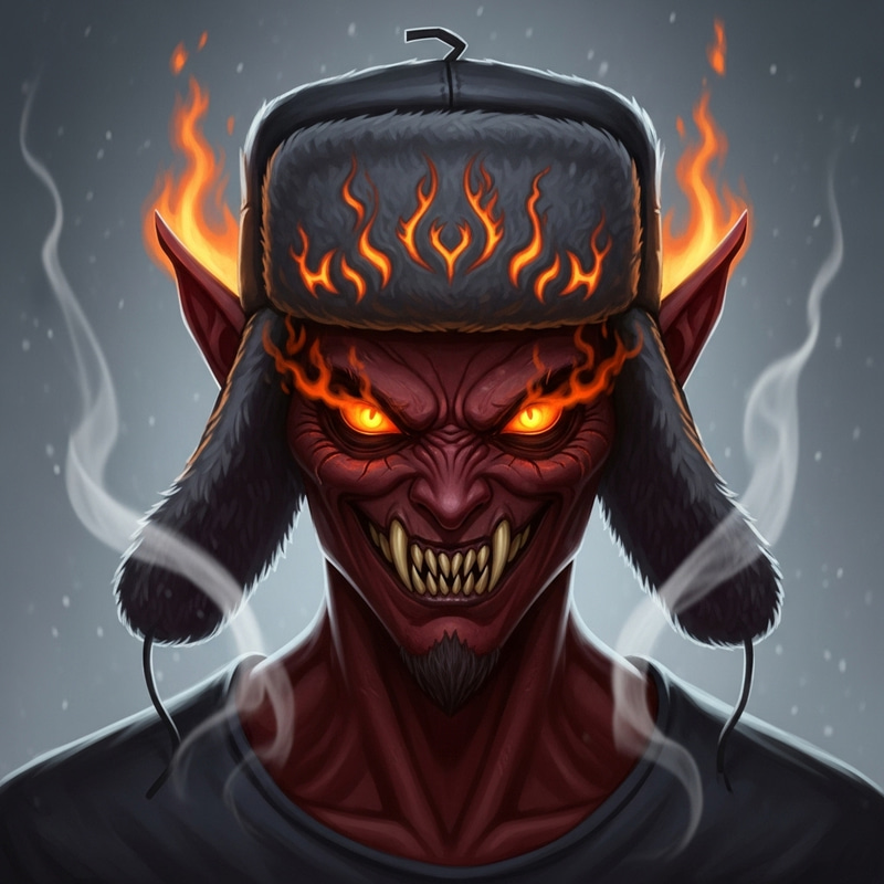 Fiery Demon in Ushanka Hat - Mystical Creature Fiery Demon in Ushanka Hat - Mystical Creature
