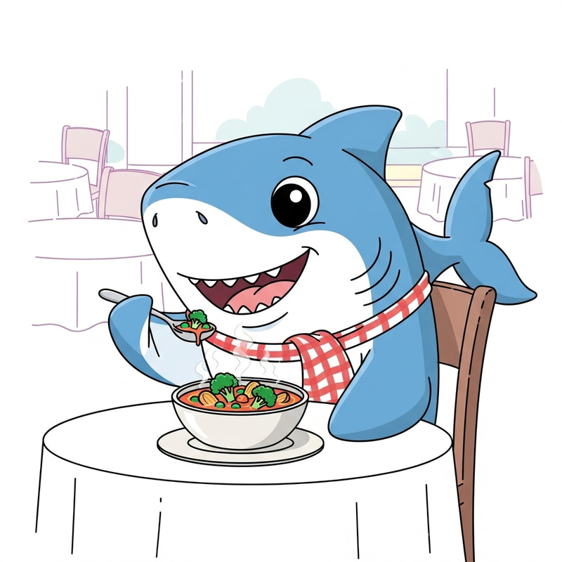 Shark Cartoon Delights in Human Hand Soup at Restaurant