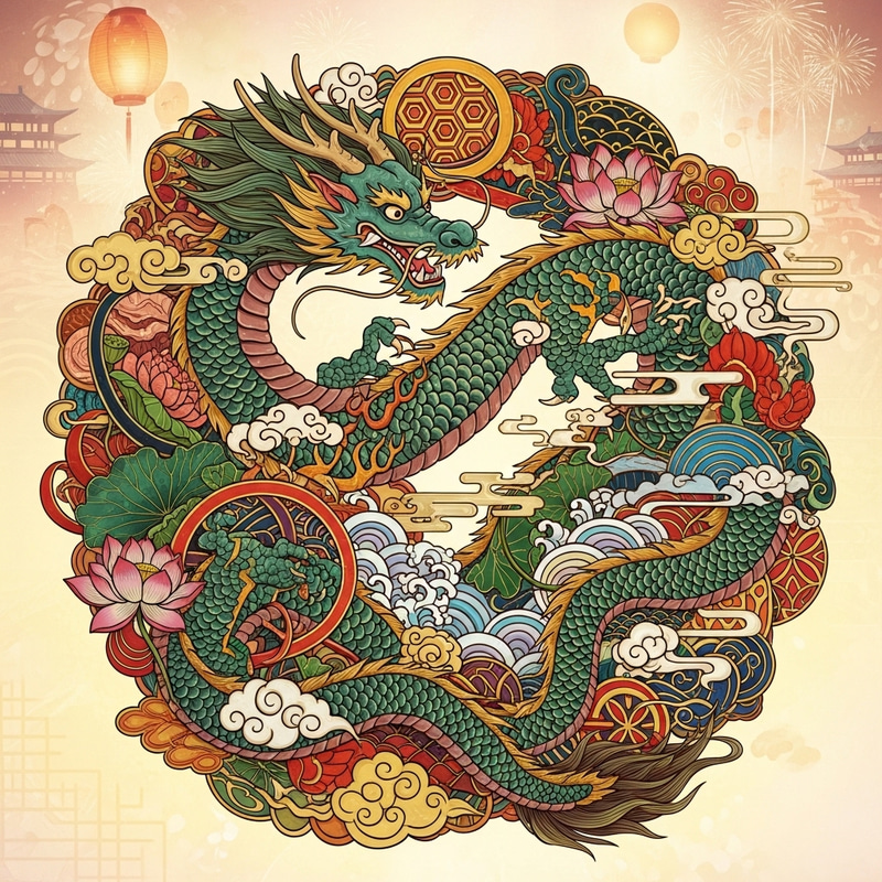 Zodiac Dragon Traditional Festival Art with Intricate Floral Patterns Zodiac Dragon Traditional Festival Art with Intricate Floral Patterns