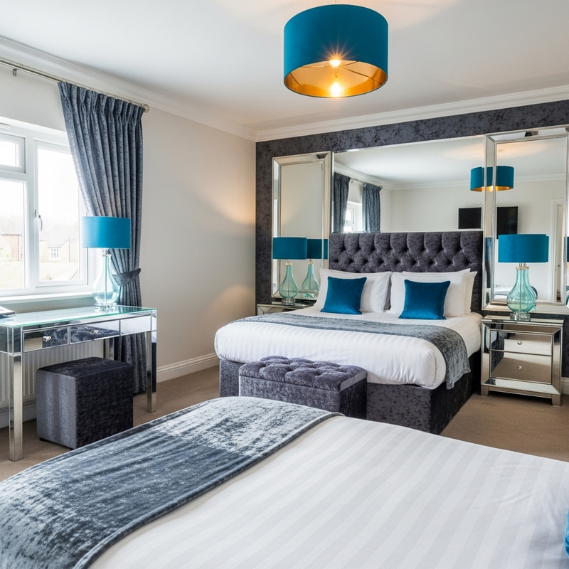 Contemporary Elegant Bedroom with Vibrant Colors and Velvet Accents Contemporary Elegant Bedroom with Vibrant Colors and Velvet Accents