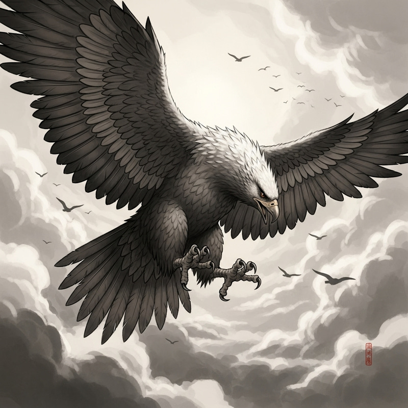 Majestic Semurg: Detailed Ink Wash Painting in Tumultuous Sky Majestic Semurg: Detailed Ink Wash Painting in Tumultuous Sky