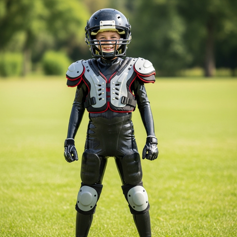 Little Boy in Football Gear and Latex Suit Outdoors