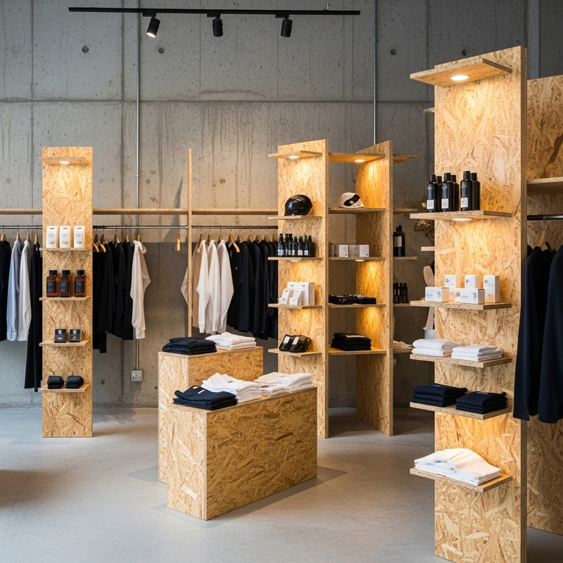Modern Retail Store with Concrete Wall and Particleboard Displays