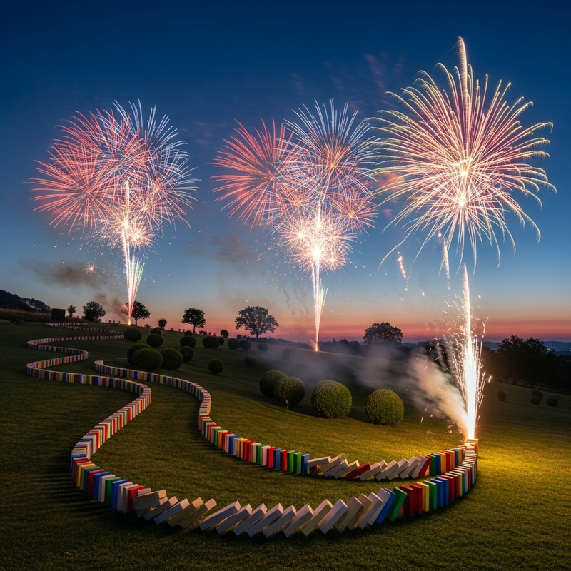 Domino Chain Reaction Culminates in Fireworks Display Domino Chain Reaction Culminates in Fireworks Display