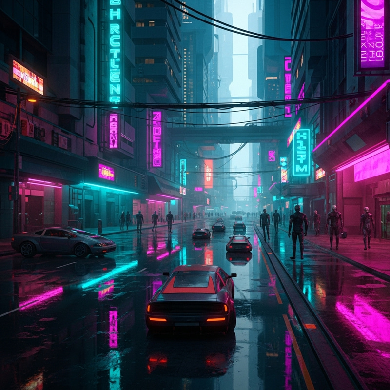 Futuristic Cyberpunk Cityscape - Neon Lights and Androids in Vibrant Digital Painting Futuristic Cyberpunk Cityscape - Neon Lights and Androids in Vibrant Digital Painting