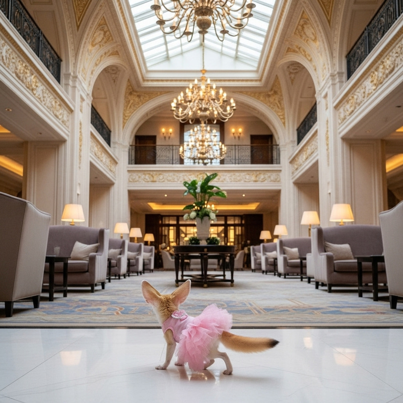Adorable Fennec Fox in Pink Tutu at Fancy Hotel Adorable Fennec Fox in Pink Tutu at Fancy Hotel