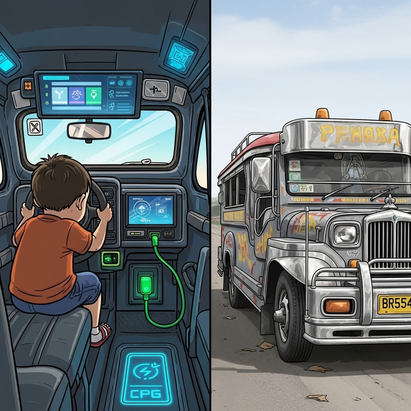 Generational Shift: Child's Modern vs. Neglected Traditional Jeepney