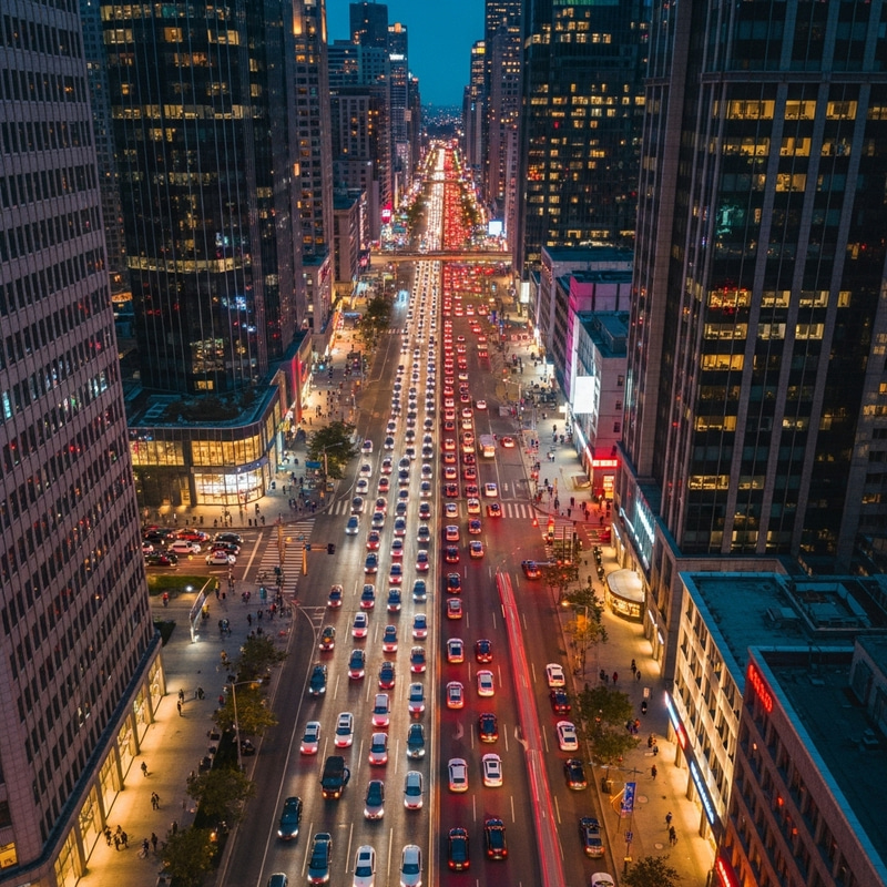 Neon Cityscape Traffic Jam | Urban Hustle & Bustle View