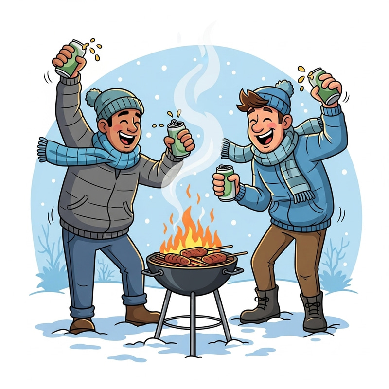 Winter BBQ Cartoon: Drunk Men Grilling with Beers Winter BBQ Cartoon: Drunk Men Grilling with Beers