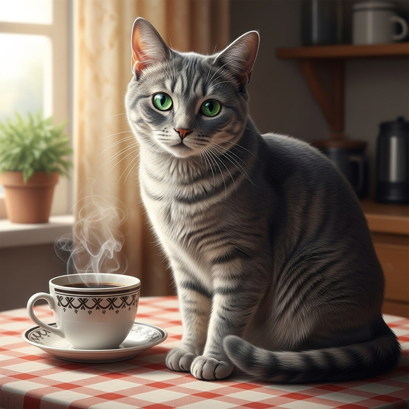 Cozy Cat Enjoying Coffee on Tablecloth Cozy Cat Enjoying Coffee on Tablecloth