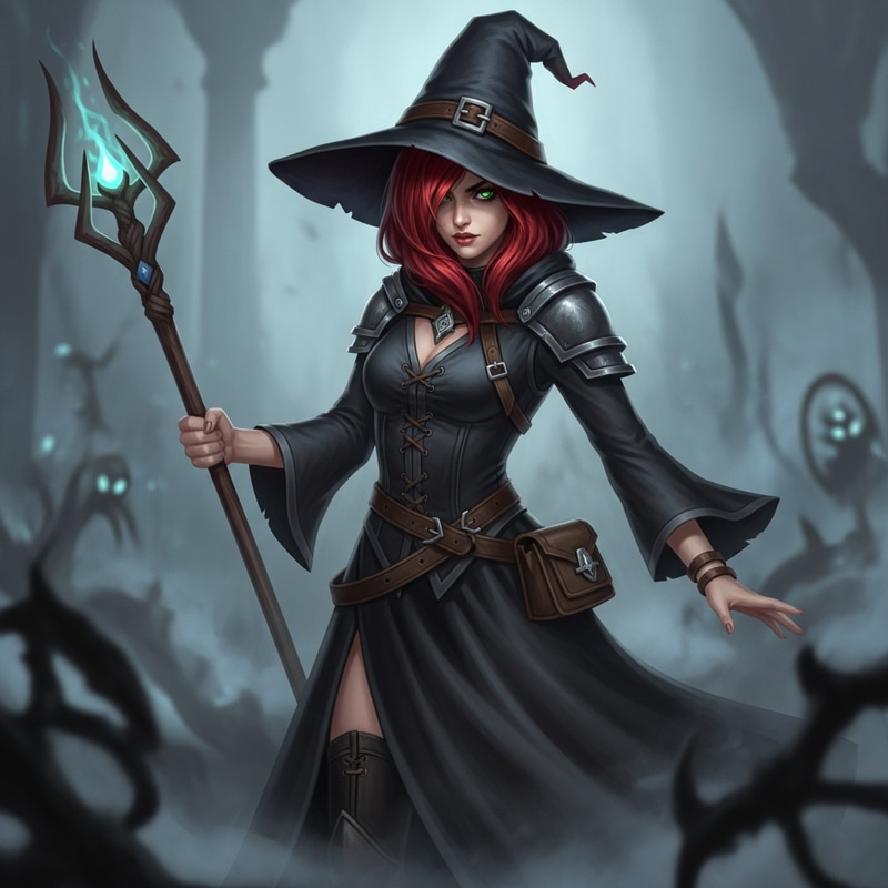 Red-Haired Female Necromancer | Mage Staff & Black Dress Red-Haired Female Necromancer | Mage Staff & Black Dress