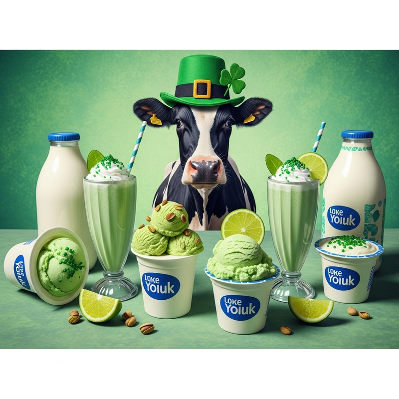 Whimsical Cow in Leprechaun Hat with Green-Themed Dairy Products