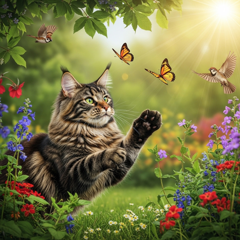 Playful Cat Chasing Butterflies in Garden Playful Cat Chasing Butterflies in Garden