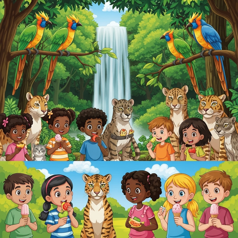 Green Forest Waterfall with Exotic Birds, Children Playing, and Ice Cream Treats Green Forest Waterfall with Exotic Birds, Children Playing, and Ice Cream Treats