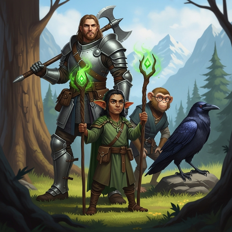 Fantasy Heroes Alliance: Armored Warrior, Druid Magician, Wise Monkey, Cunning Crow Fantasy Heroes Alliance: Armored Warrior, Druid Magician, Wise Monkey, Cunning Crow