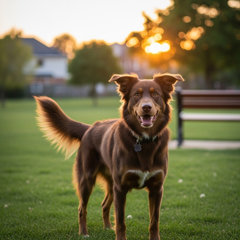 Charming Chocolate-Brown Dog in Serene Park Setting Charming Chocolate-Brown Dog in Serene Park Setting