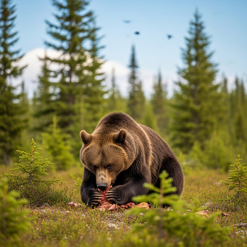 Brown Bear Eating in Forest