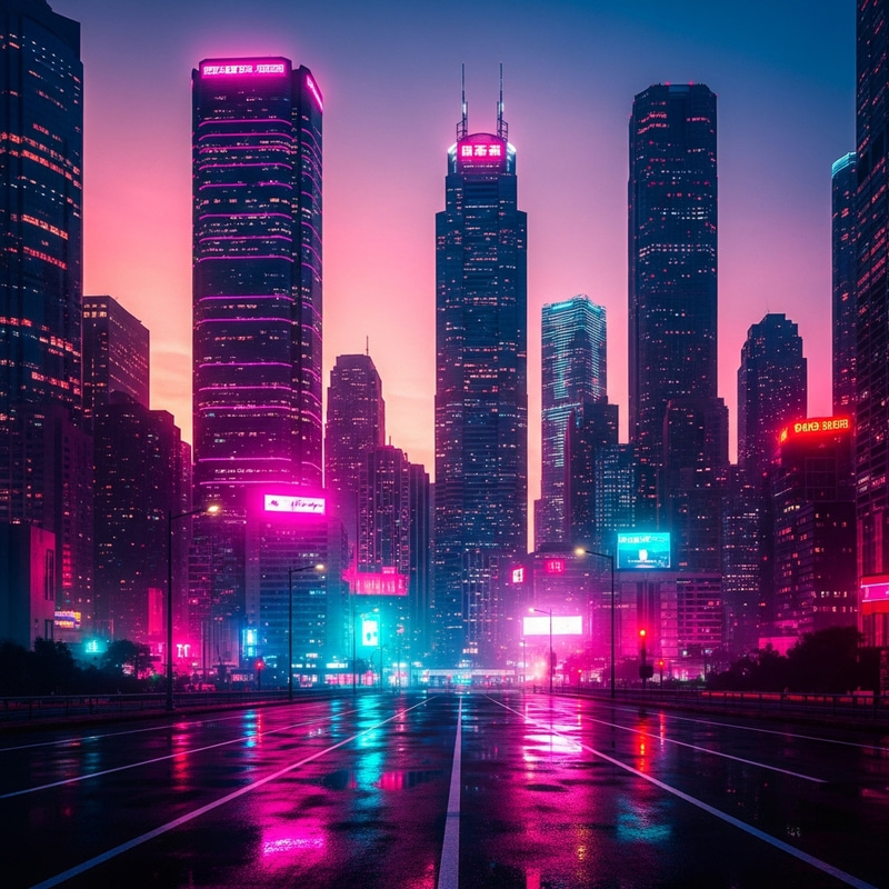 Vibrant Cyberpunk Futuristic Cityscape at Sunset