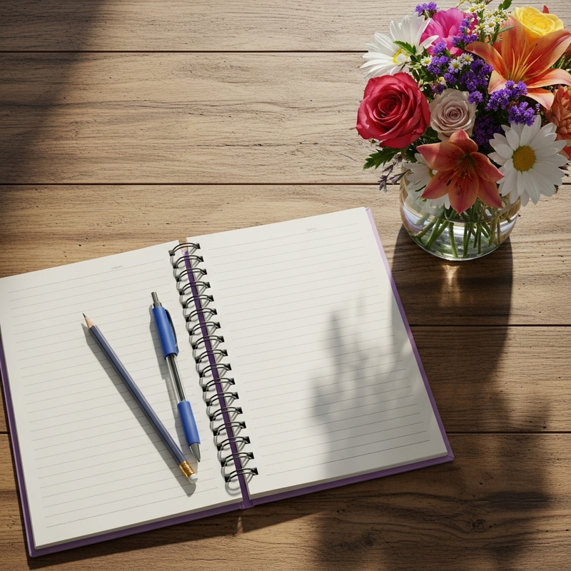 Spiral-Bound Lavender Journal with Pencil, Pen, and Flowers