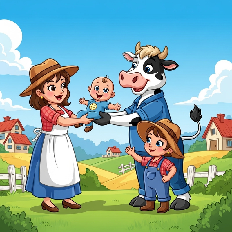 Funny Cow Cartoon: Humanoid Cow Grabbing Baby from Mother