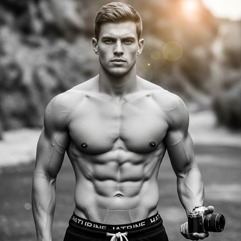 Muscular Man with Toned Abs in Rugged Outdoor Canon EOS R Portrait Muscular Man with Toned Abs in Rugged Outdoor Canon EOS R Portrait