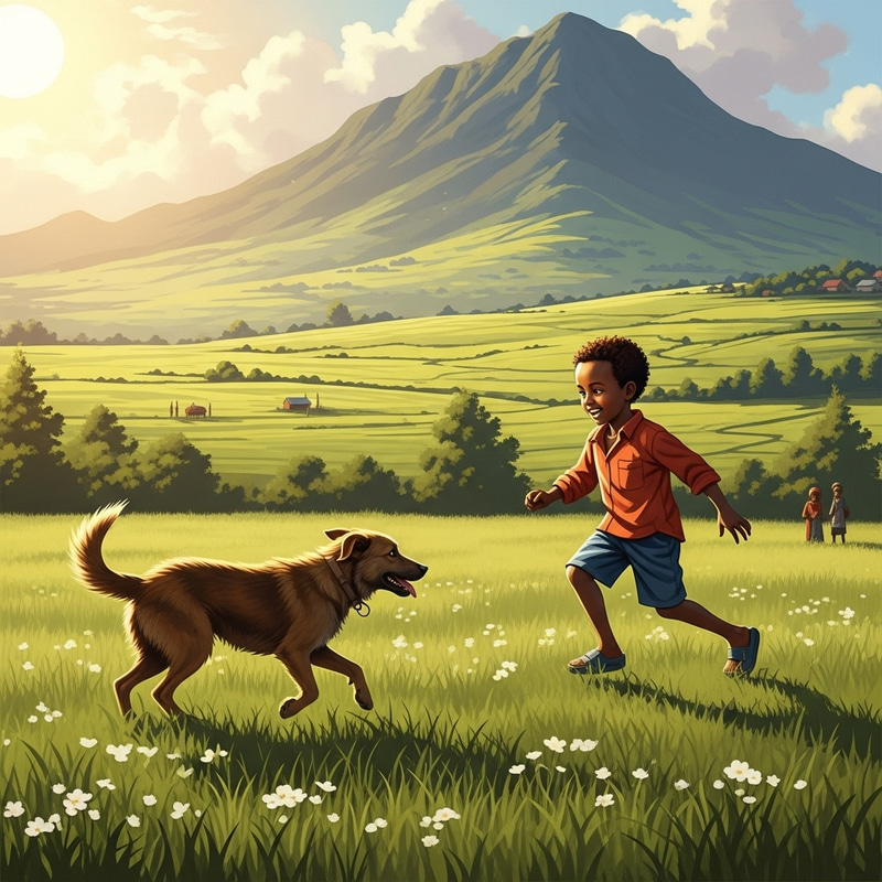 Joyful Connection: Playing with Dog in Ethiopian Countryside Joyful Connection: Playing with Dog in Ethiopian Countryside