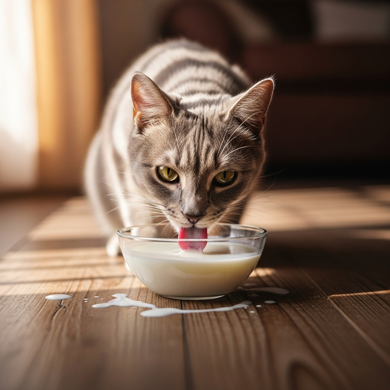 Adorable Cat Drinking Milk in Sunlit Setting Adorable Cat Drinking Milk in Sunlit Setting