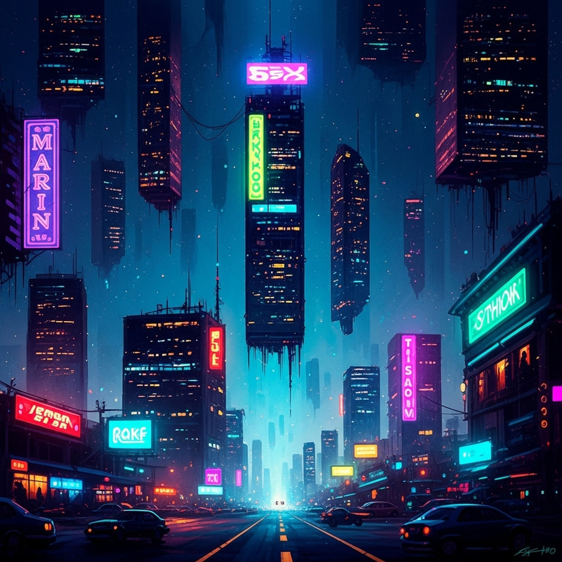 Surreal Cyberpunk Cityscape: Vibrant Neon Lights & Floating Buildings