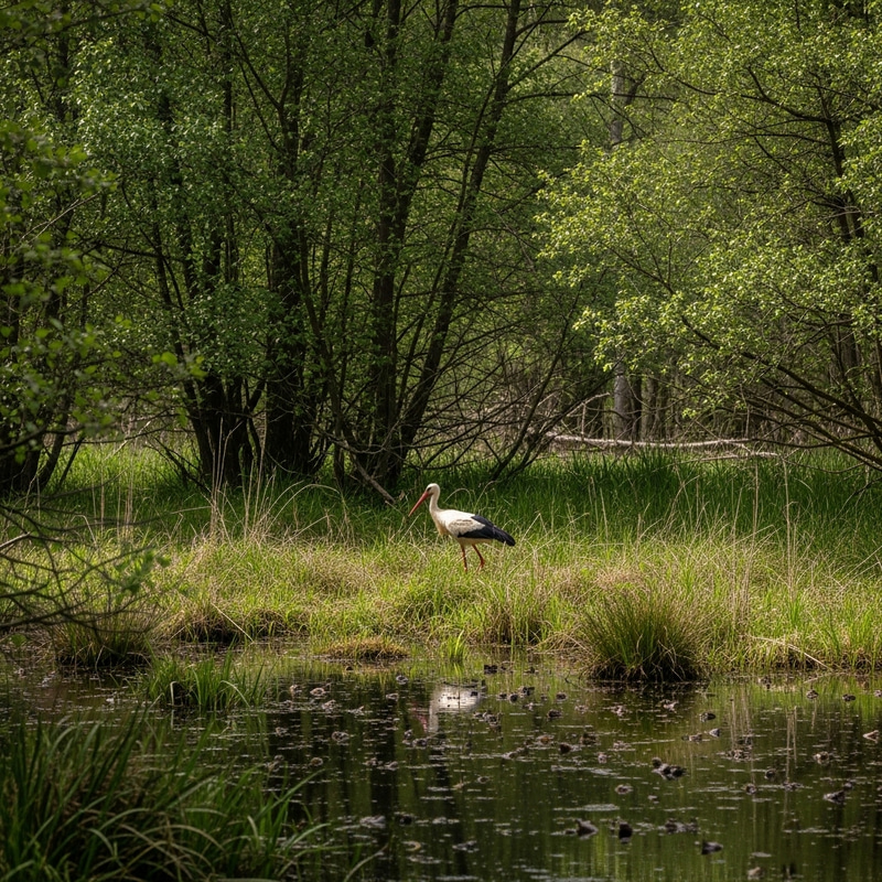 Stork in Marshland with Forests, Ponds, and Frogs