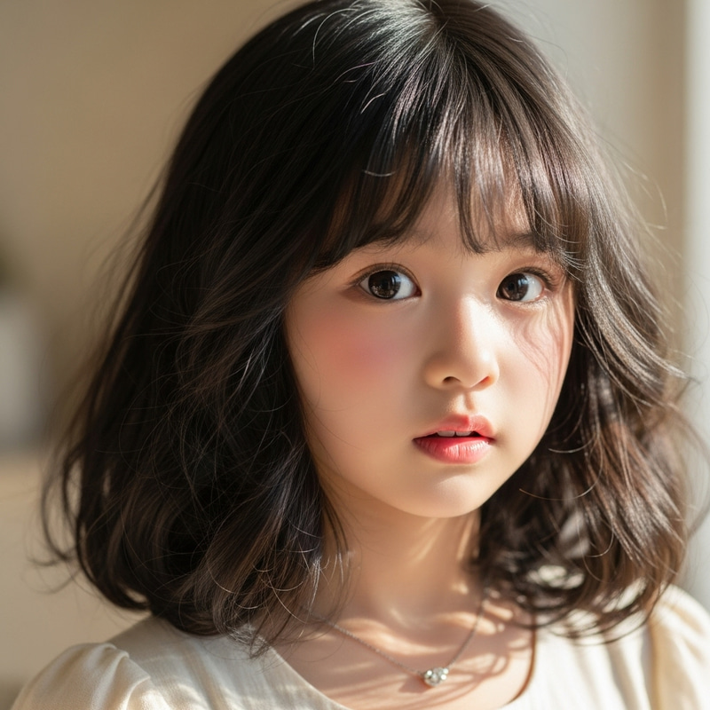 Adorable Young Girl with Medium Black Wavy Hair