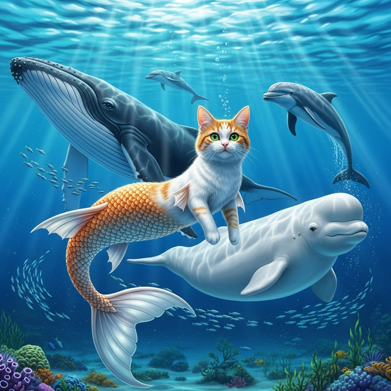 White Cat Mermaid Swims with Whales in Sea White Cat Mermaid Swims with Whales in Sea