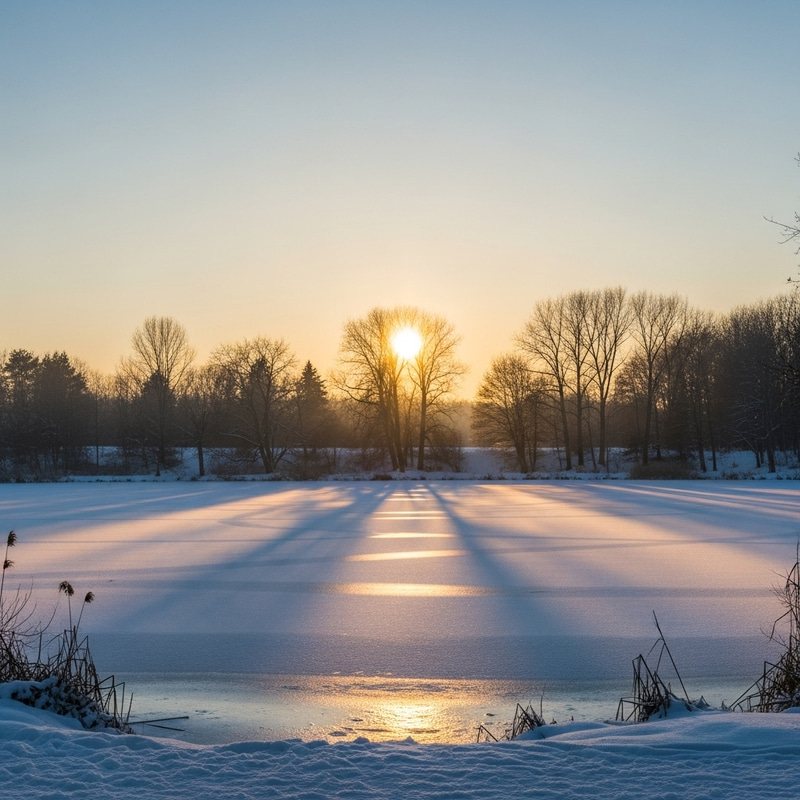 Golden Sunset Reflection on Ice-Covered Lake Golden Sunset Reflection on Ice-Covered Lake